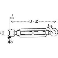 LF - LO = Mindestlänge - MaximallängeC = SchäkelöffnungD = Durchmesser SchäkelöffnungE = HakenöffnungF = tiefe Schäkel