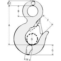 A = GesamthöheB = Ø ÖseC = ØD = HakendurchmesserF = ÖffnungG = HakenhöheH = Dicke