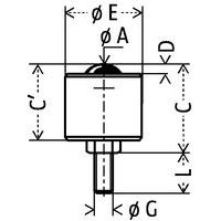 - Ø A: Kugel Ø- Ø E: Gesamt-Ø- D: Überstand der Kugel- C': Höhe- C: Gesamthöhe- L: Länge Befestigung- Ø G: Bohrung