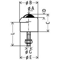 - Ø A: Kugel Ø- Ø B: Gesamt-Ø - C: Gesamthöhe - D: Überstand der Kugel- Ø E: Ø nutzbar- Ø G: Bohrung- L: Länge Befestigung
