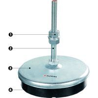 1 - Muttern und Scheiben für Höheneinstellung und Verriegeln2 - Schraube für Befestigung/Höheneinstellung: ermöglicht eine Neigung von 7° 3 - Tragplatte aus Eisen4 - integriertes Dämpfungsglied aus