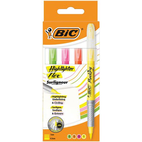 Textmarker BIC Highlighter Grip Flex - verschiedene Farben - 4er-Etui